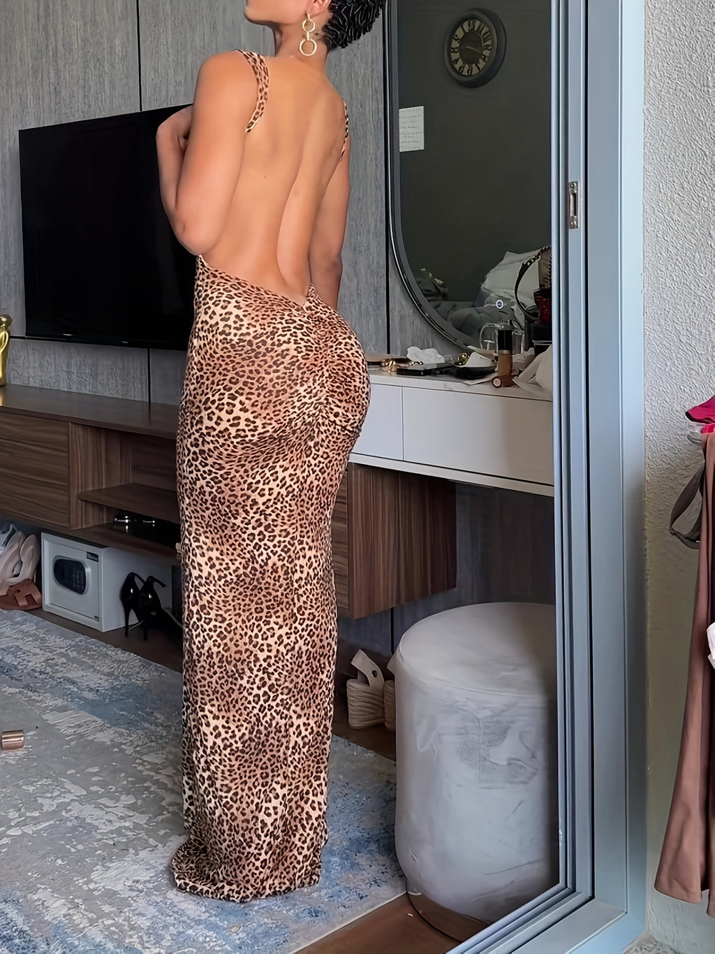 Backless Leopard Print Long Dress YQ001