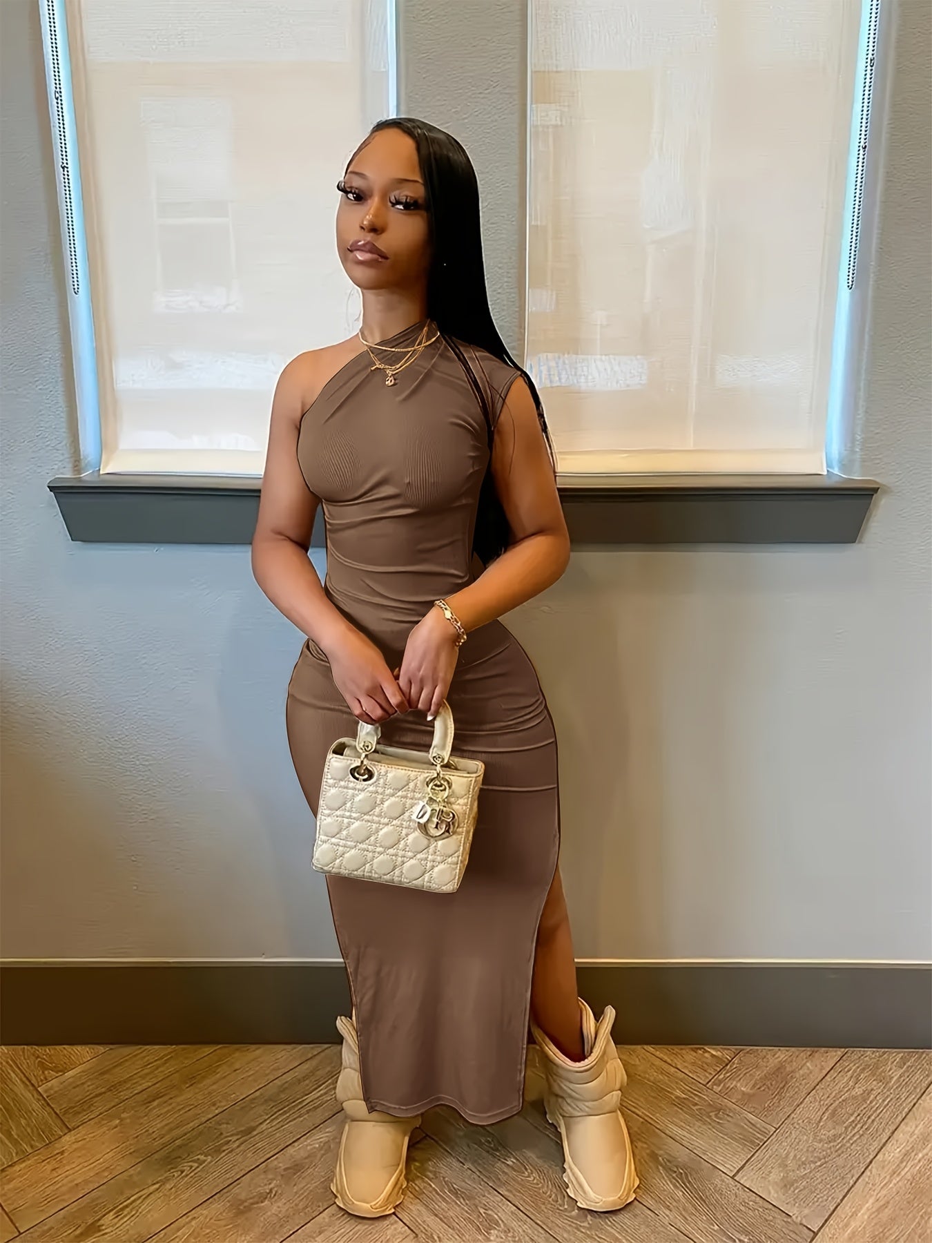 Fashionable and Elegant Off-shoulder Dress with Slit Hem