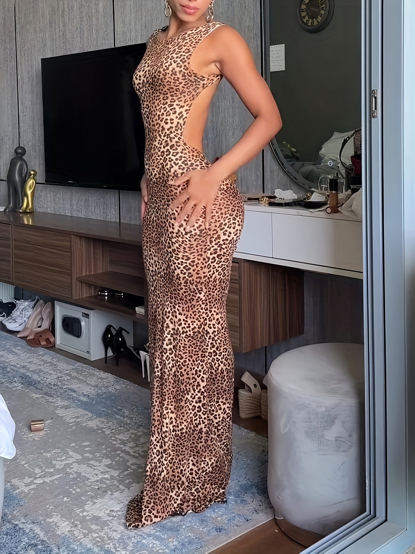 Backless Leopard Print Long Dress YQ001